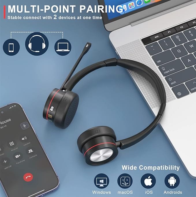 MAIRDI Wireless Headset with Microphone for PC, 5.2 Bluetooth Headset with Mic Noise Canceling