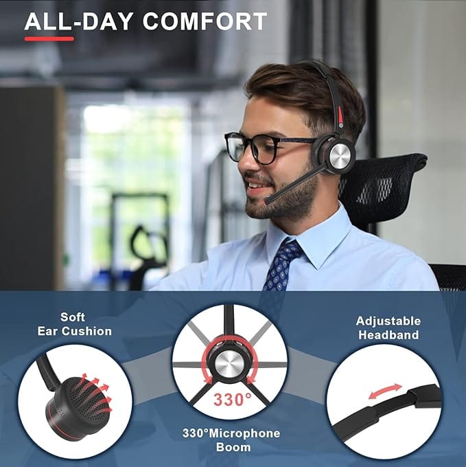 MAIRDI Wireless Headset with Microphone for PC, 5.2 Bluetooth Headset with Mic Noise Canceling