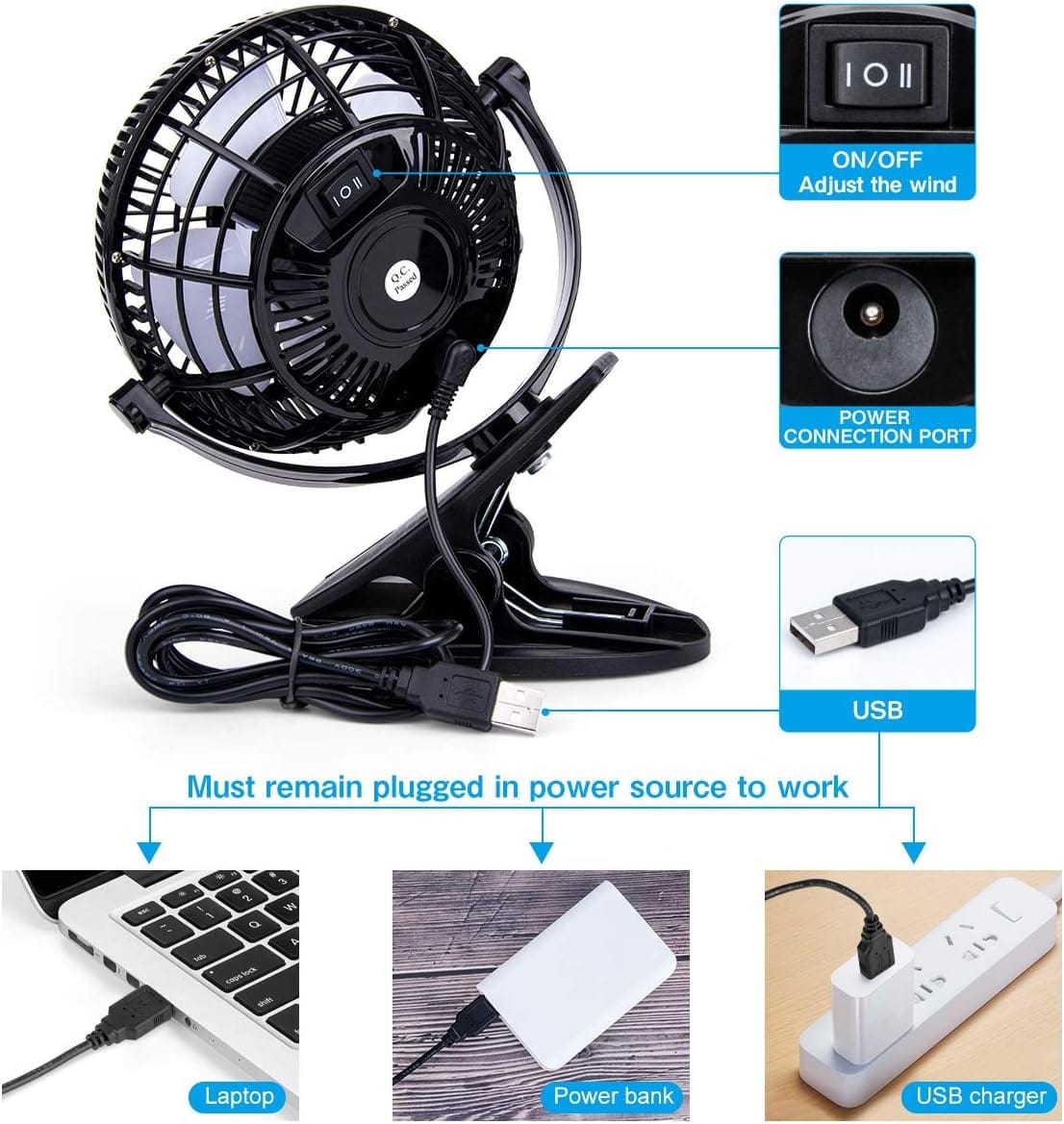 KEYNICE USB Desk Fan, 4 Inch Clip on Fan, 2 Speed USB Fan, 360° Rotation Small Corded Fan for Dorm