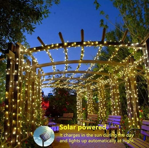 【8 Modes and Upgrade Battery】 The solar outdoor string lights has 2 switches (Power ON/OFF, Mode changing), press mode button selects 8 different modes to satisfy your diverse needs. Upgraded Solar Panel to more efficient exchange rate and HIGH battery capacity which increases to 800MaH, 6-8 hours charging in the daytime can provide 8-14 hours working time in the night. 【Garden Lights Solar Powered Waterproof】 Both the string lights and the solar panel are IP44 Waterproof. No worry to use them in the rain. 【Energy-saving & Eco-friendly】solar powered string lights, avoiding high electricity bills. During the day, high-efficiency solar panels convert sunlight into electricity and store it in a built-in rechargeable battery, and then the string of lights will automatically light up at night. 【Multi-application scenarios】 These christmas lights are a great decorative accessory to illuminate indoor and outdoor spaces, like your gardens, patio, fence, gate, yard, wedding, party, Christmas trees etc. And the copper wire is quite flexible, easily bent into any shape you like.
