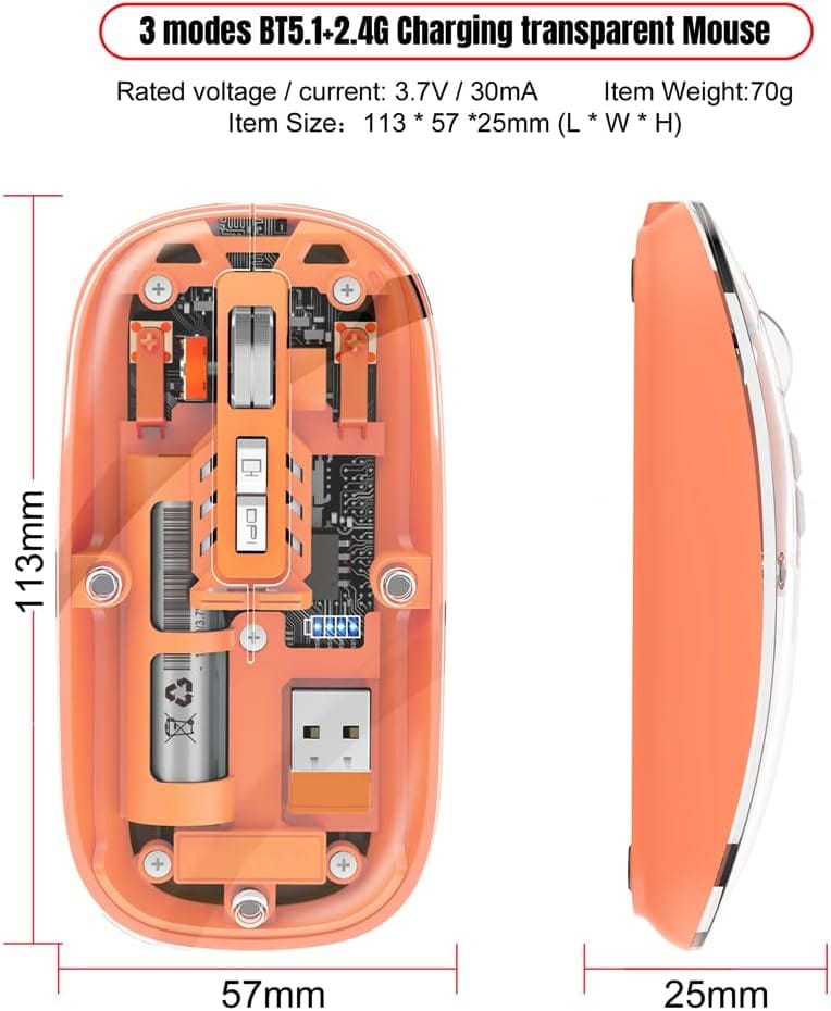 Mouse Wireless M233,Transparent Magnetic Mouse 2.4G Rechargeable for PC Rechargeable