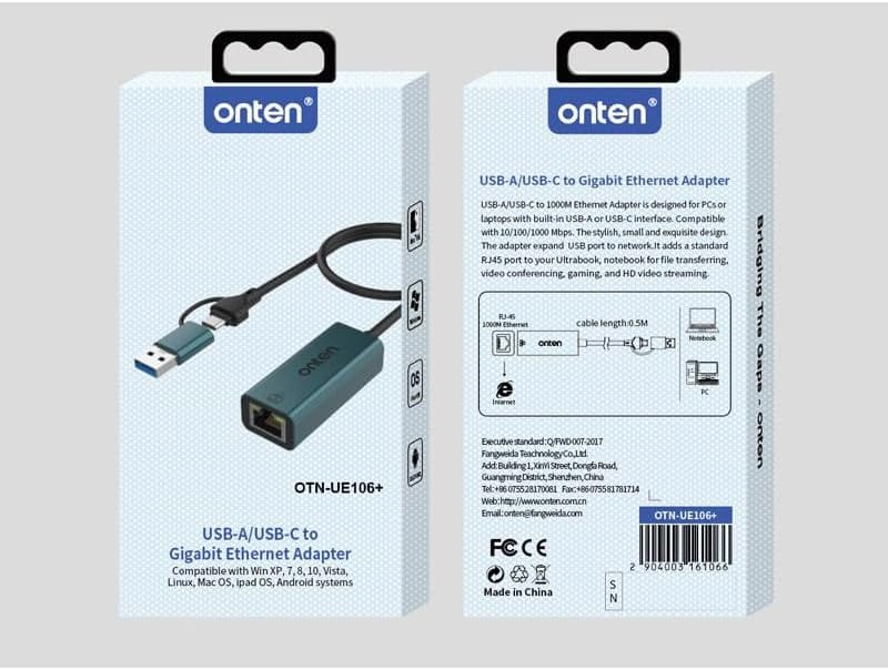 ONTEN UE106+ Ethernet Adapter USB-A & USB-C