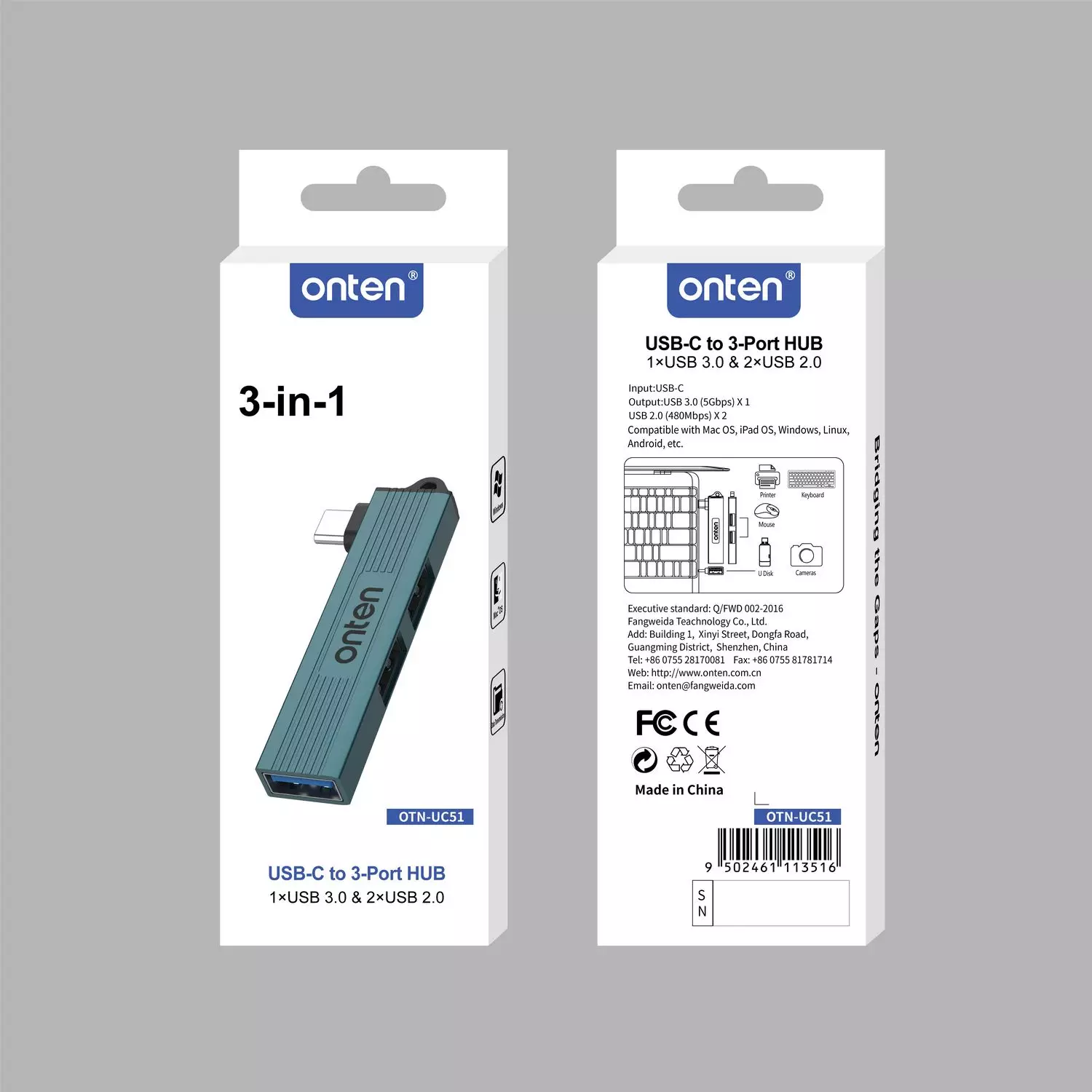 Onten UC51 3 in 1 Type-C to USB HUB
